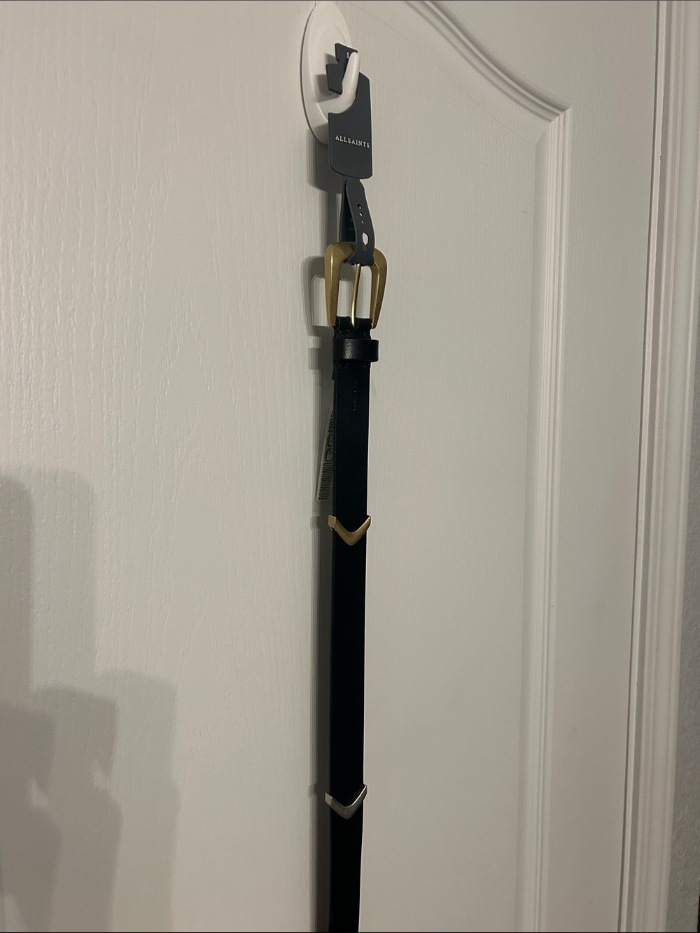 All Saints Black Leather Belt with Gold Buckle and Gold Accents